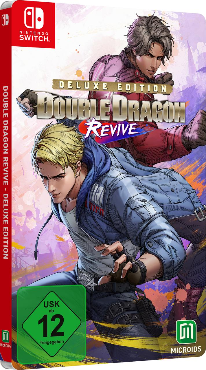 Cover-Art für Double Dragon Revive. Zwei männliche Charaktere in Action-Posen, einer blond, einer mit grauem Haar, vor einem lila-gelben Hintergrund.