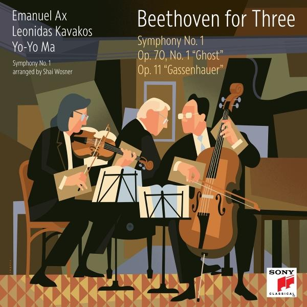Illustration von drei Musikern, die Instrumente spielen. Geige, Bratsche und Cello. Titel: Beethoven für Drei. Sony Classical Logo.