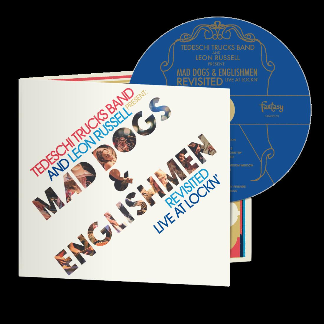 Albumcover für 'Mad Dogs & Englishmen Revisited'. Mit Text, Bandnamen und einer blauen Disc mit zusätzlichem Text.
