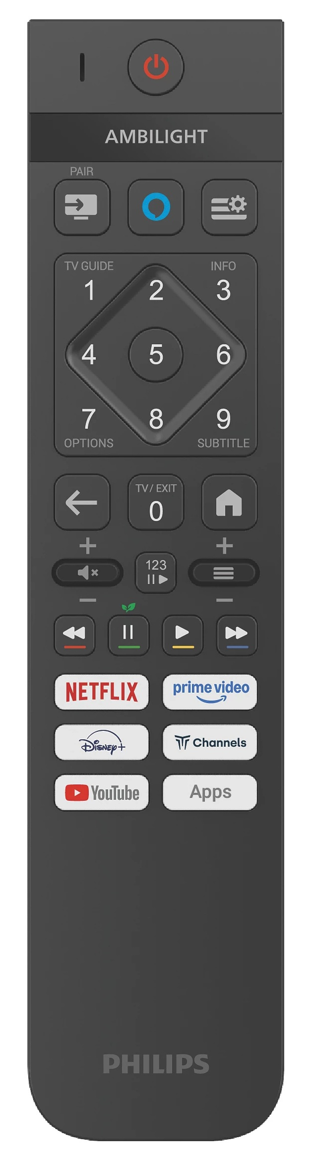 Ciemnoszary pilot Philips. Ma wiele przycisków, w tym Netflix, YouTube i klawisze numeryczne.