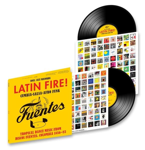 Vinyl-Schallplatten-Albumcover, gelb mit rotem Text, Latin Fire!, Cumbia-Salsa-Afro Funk. Zwei schwarze Schallplatten mit Hüllen.