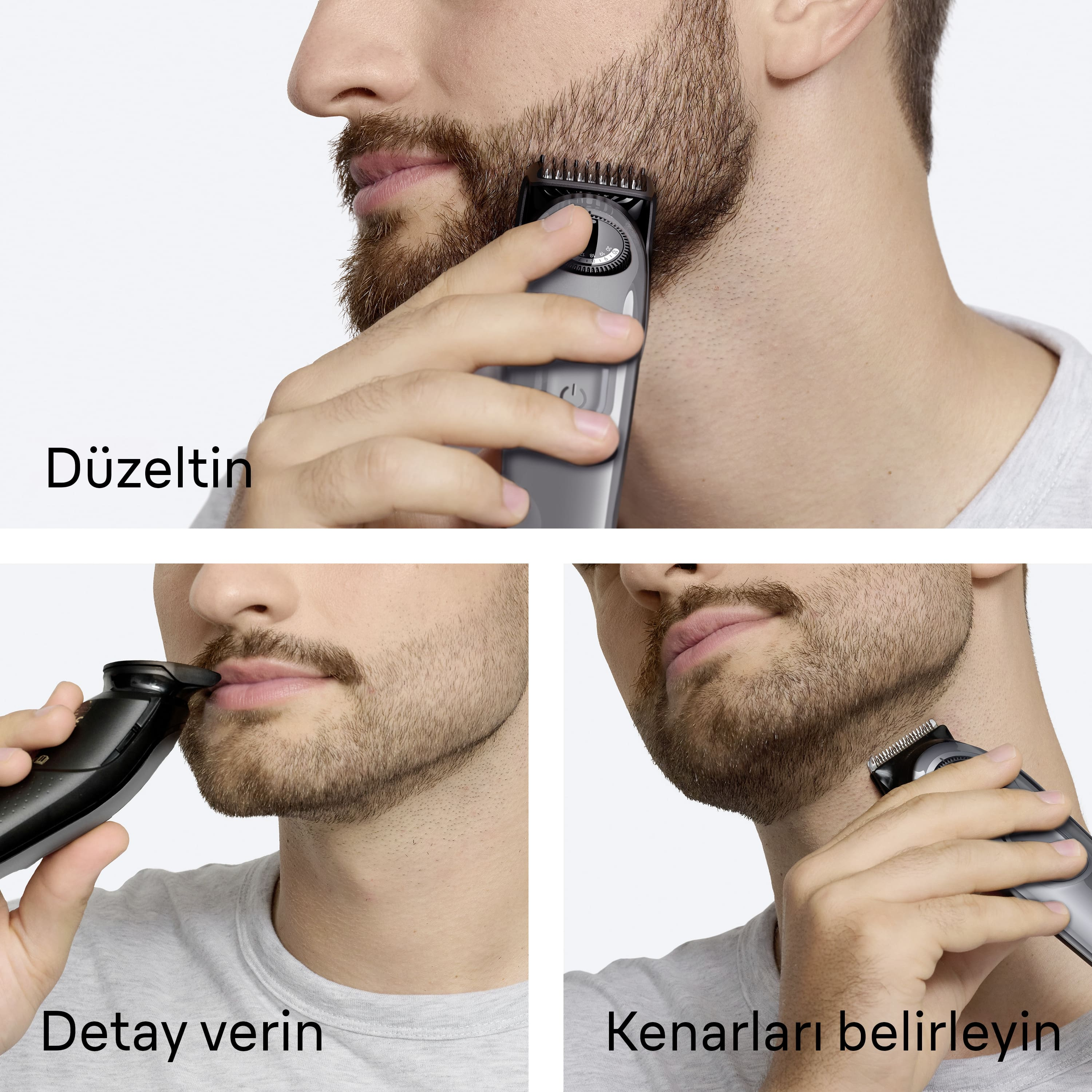 Bir adam elektrikli bir düzeltici ile sakalını kesiyor. Görüntü, tıraş işleminin üç farklı açısını gösteriyor.