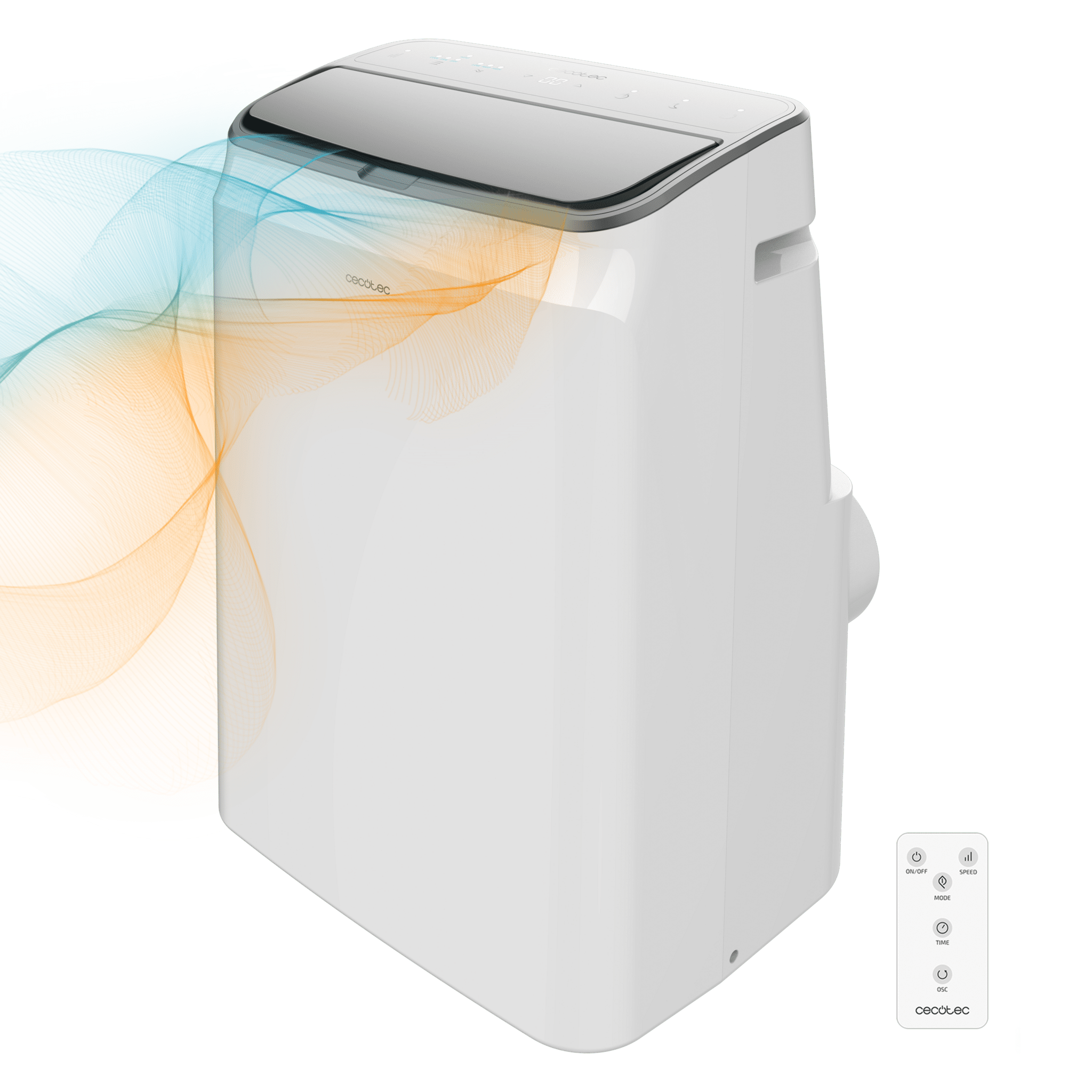 Ein weißer tragbarer Klimaanlage mit Bedienfeld und farbigem Hintergrund. Das Gerät hat ein schlankes Design.