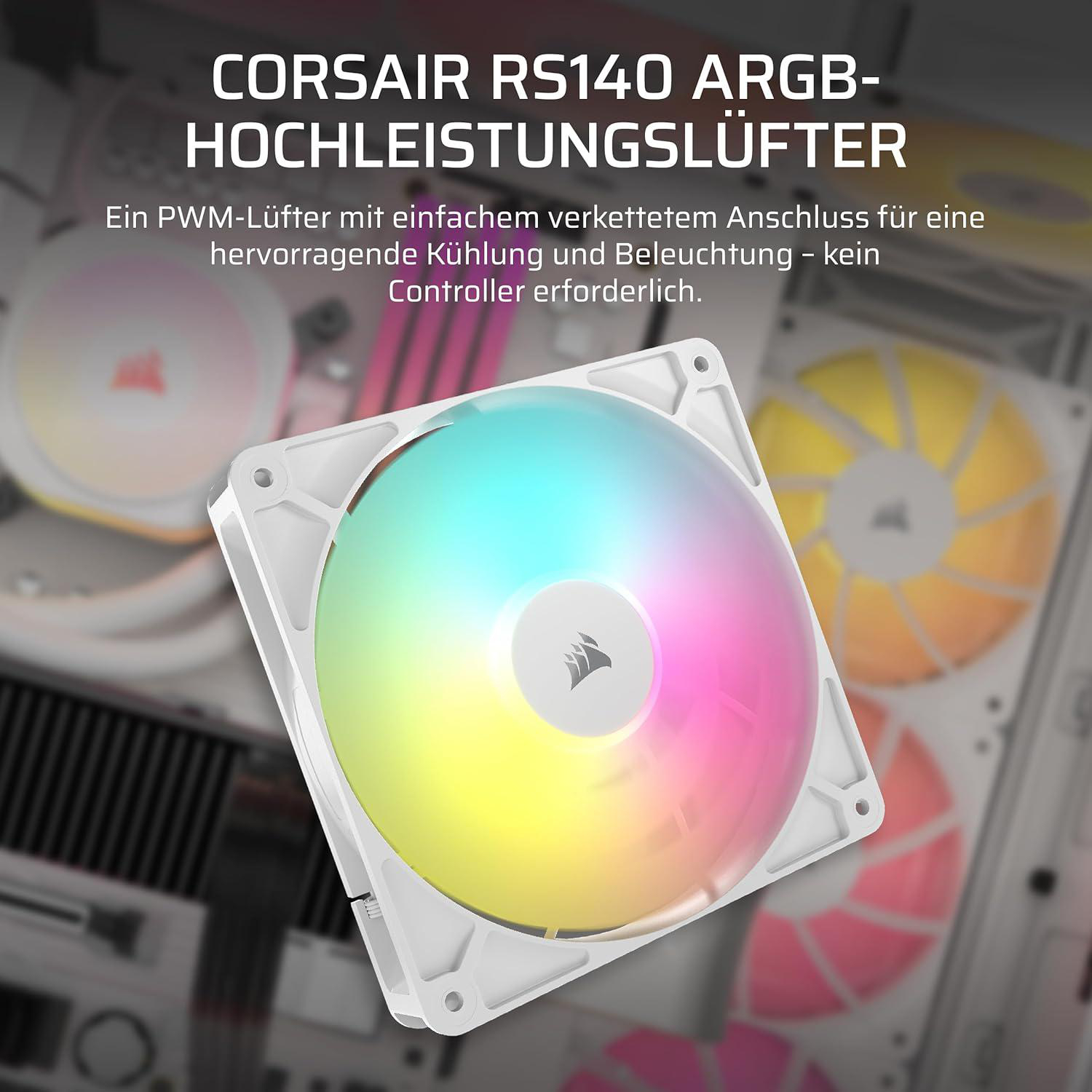 Ein weißer PC-Lüfter mit farbenfrohen LED-Leuchten. Text sagt 'CORSAIR RS140 ARGB-HOCHLEISTUNGSLÜFTER' und beschreibt die Funktionen des Lüfters.