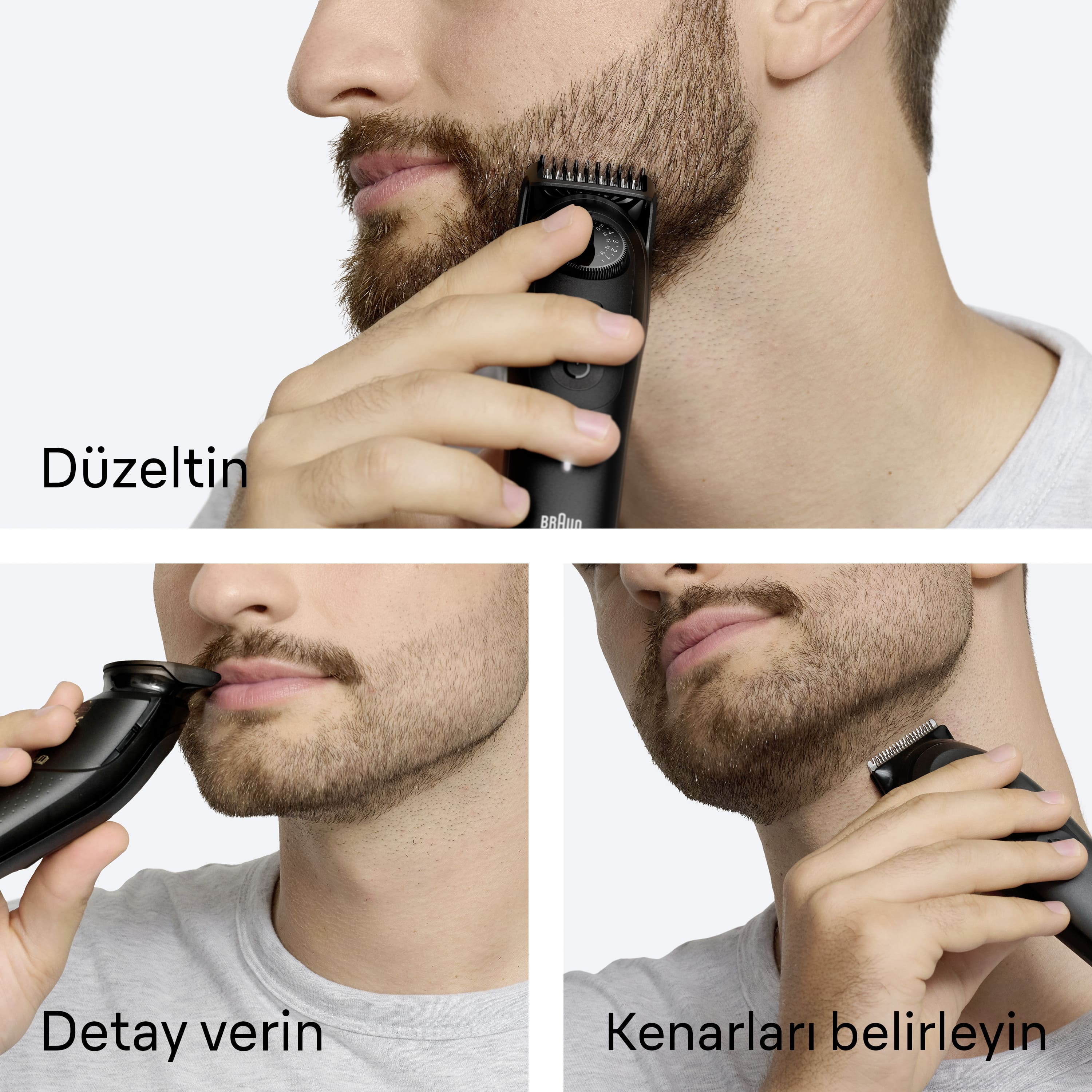 Bir adam, siyah bir tıraş makinesi ile sakalını kesiyor. Yakın çekimler, beyaz bir arka plan üzerinde detay, kenar ve genel kesimi gösteriyor.