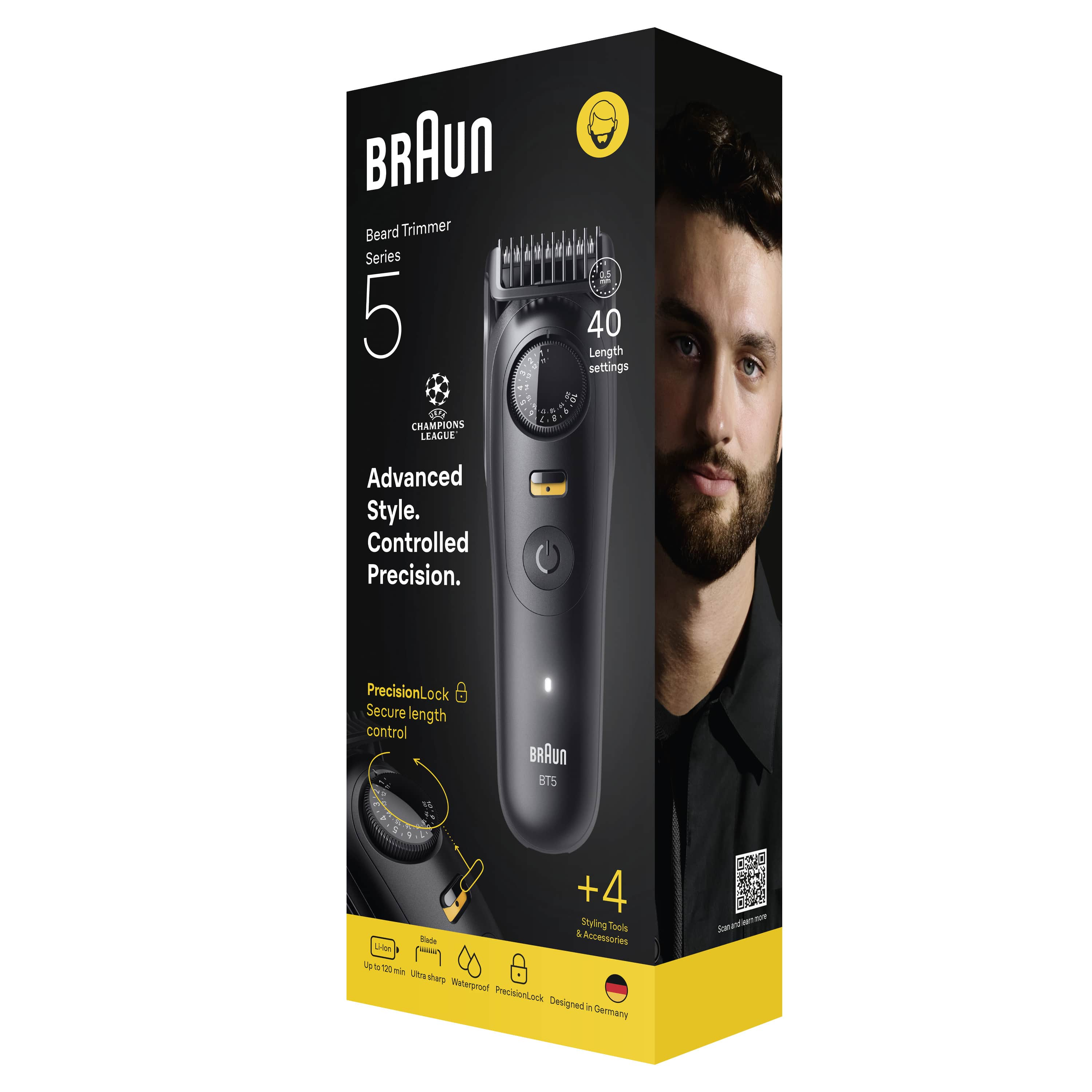 Braun sakal kesme makinesi kutusu. Sakallı bir adamın resmi ve makinenin özelliklerinin bir diyagramı var.