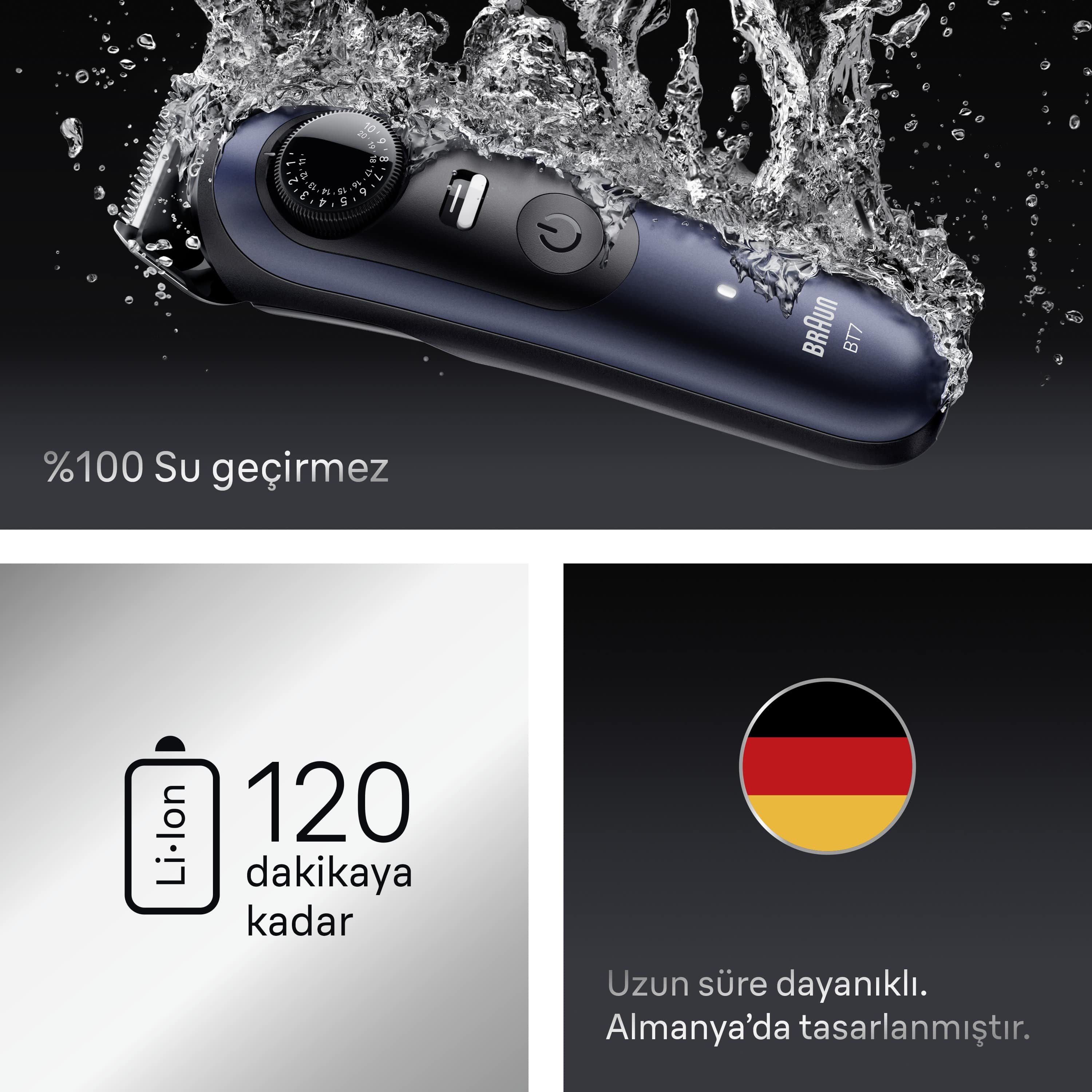 Mavi Braun tıraş makinesi, su sıçrıyor. Su geçirmez. Pil 120 dakika dayanır. Almanya'da tasarlandı.