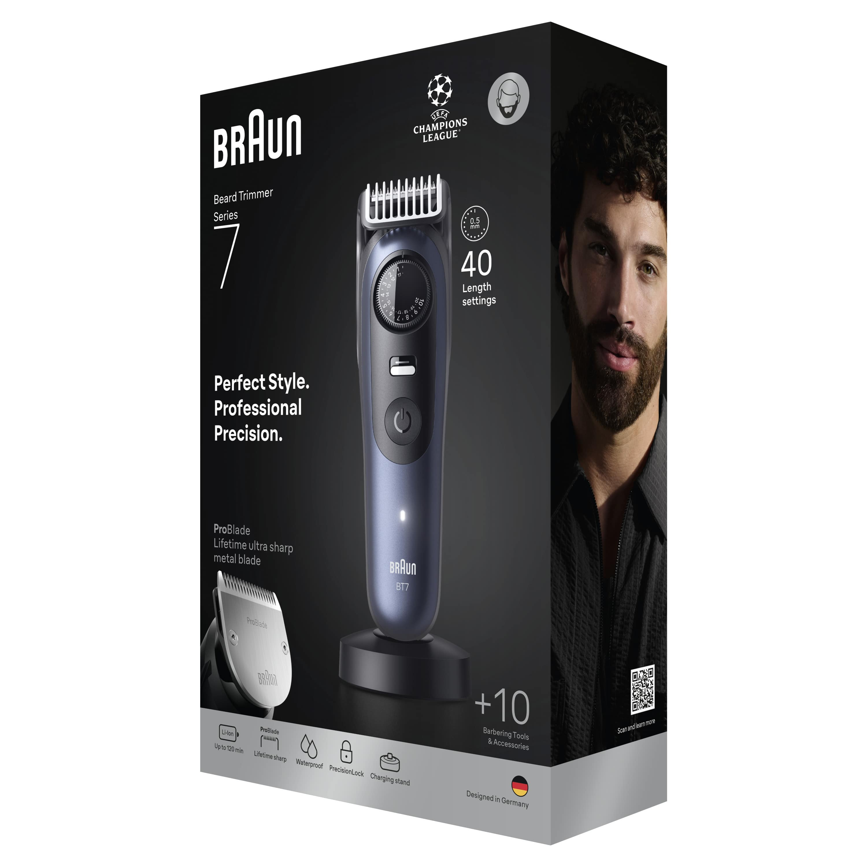 Braun Series 7 sakal kesme makinesi içeren kutu. Tıraş makinesi görüntüsü, erkek yüzü ve detaylar içerir.