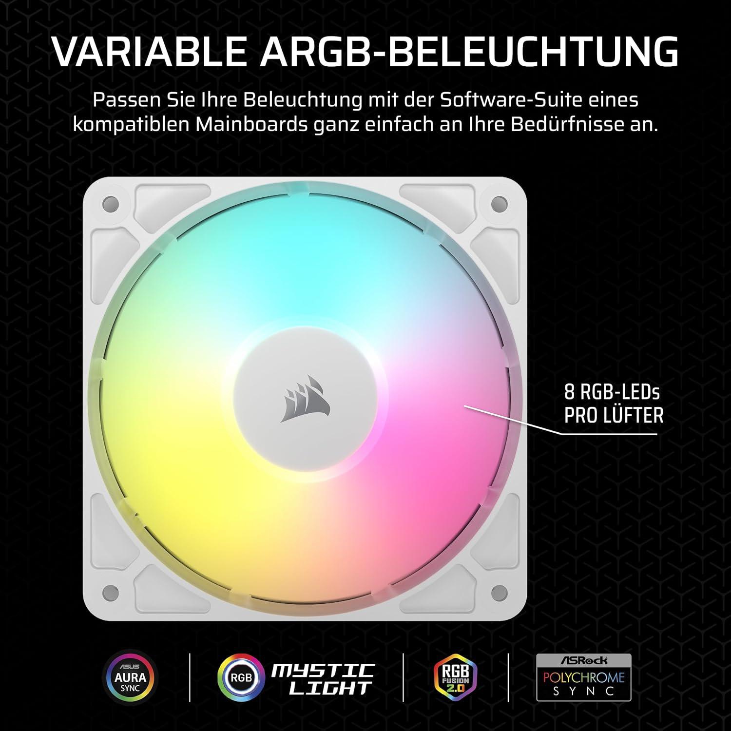 Ein Computerlüfter mit mehrfarbiger Beleuchtung ist der Mittelpunkt, umgeben von Text und Logos auf schwarzem Hintergrund.
