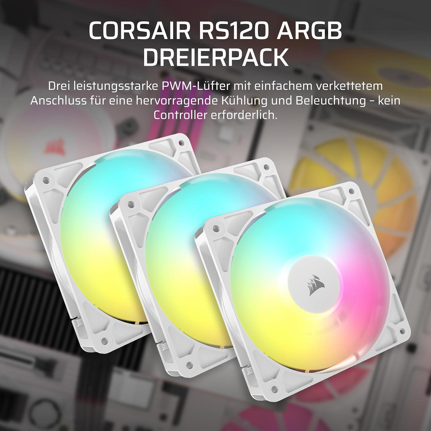 Drei weiße Computerlüfter mit Regenbogenlichtern. Das Bild hat Produkttext, der es überlagert.