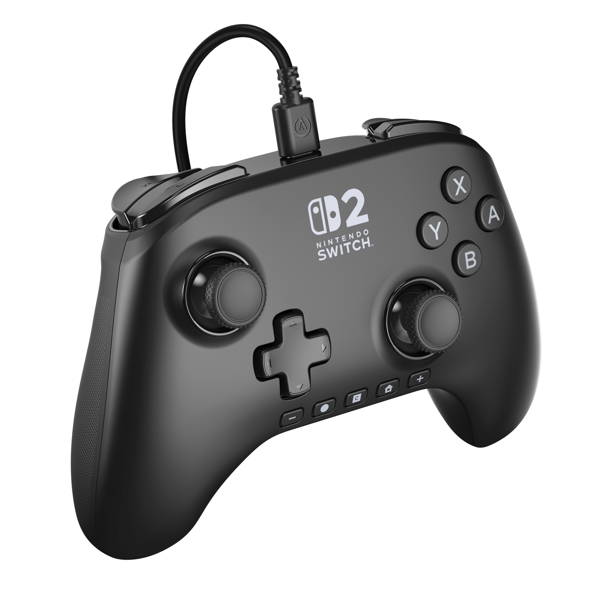 Siyah Nintendo Switch kontrolcüsü, düğmeler, joystickler ve kablolu bağlantı.
