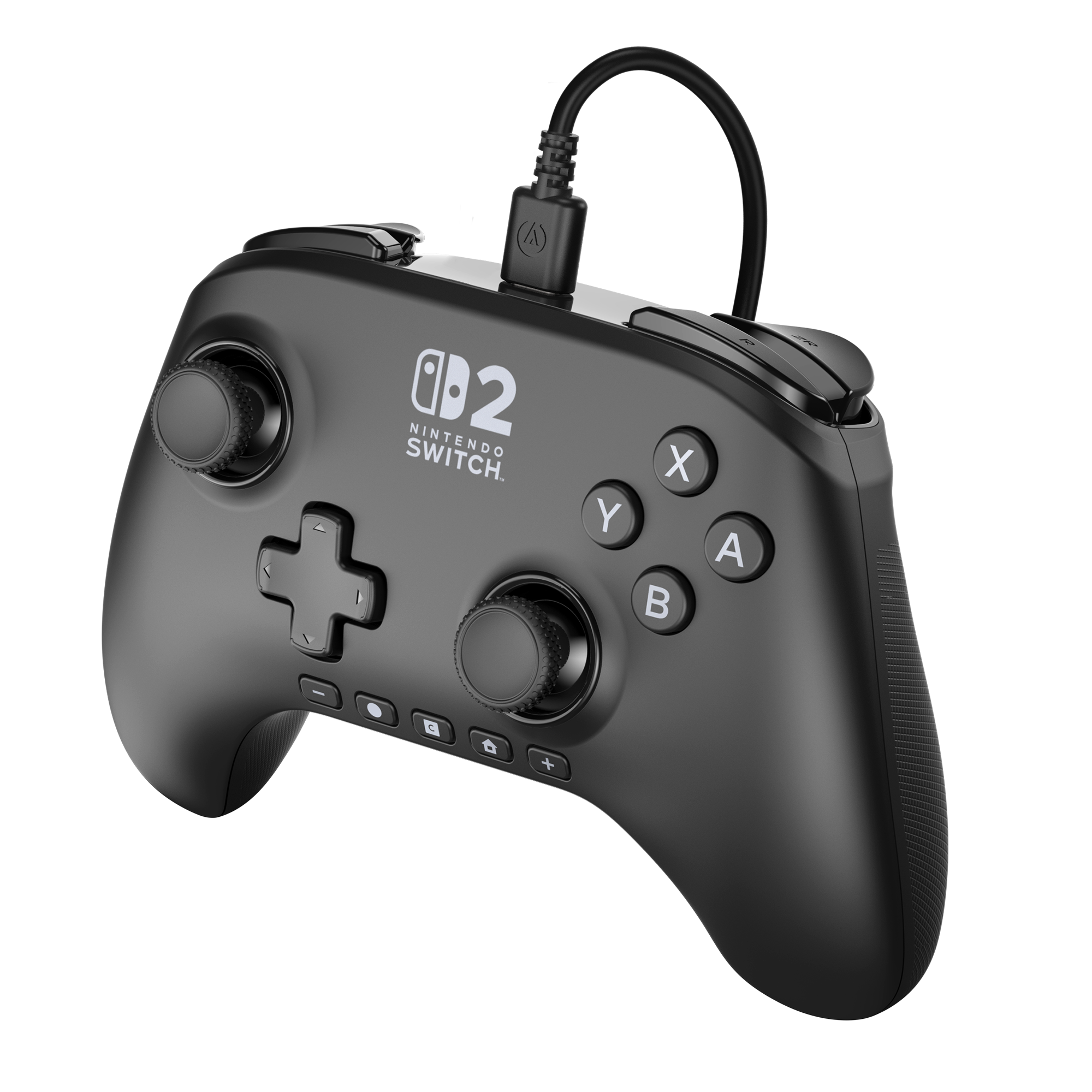 Siyah Nintendo Switch kontrolcüsü, düğmeler, joystickler ve USB-C kablosu bağlı, siyah arka plan üzerinde.