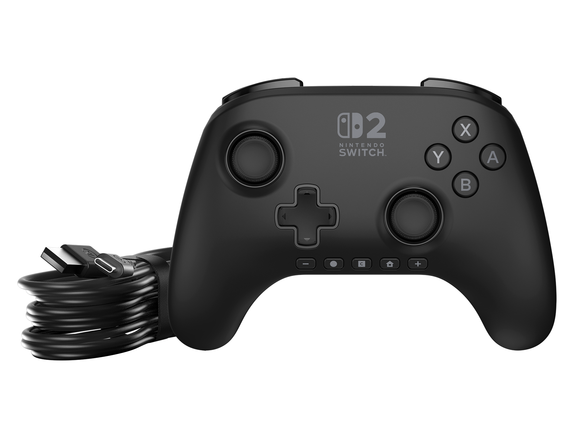 USB kablolu siyah Nintendo Switch Pro Kontrol Cihazı. Düğmeler, joystickler ve Nintendo Switch logosu bulunur.