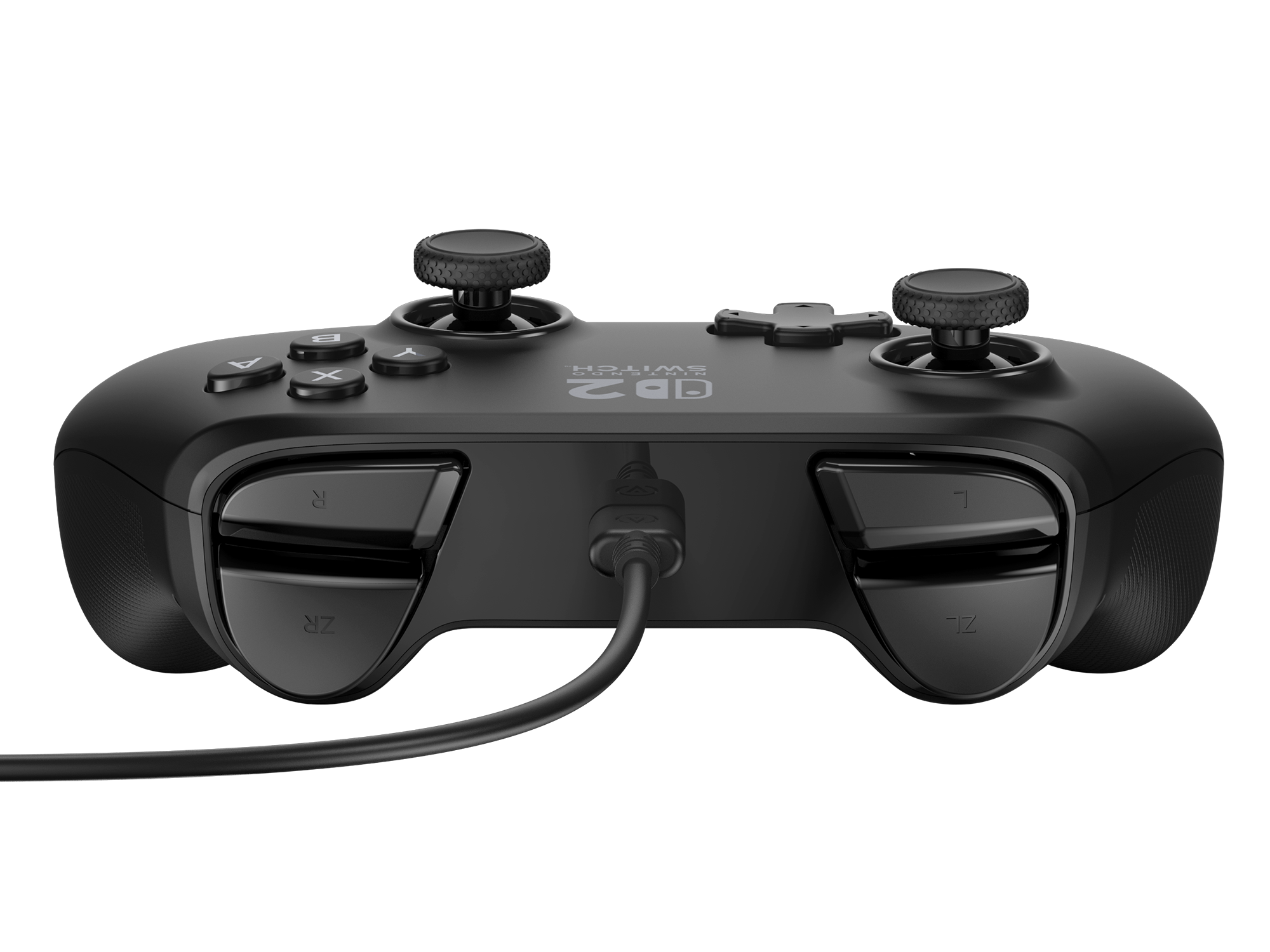 Siyah Switch kontrolcüsü, düğmeler, joystickler ve tetikleyiciler, siyah bir kabloyla bağlı. Arka plan dokulu gri bir yüzeydir.