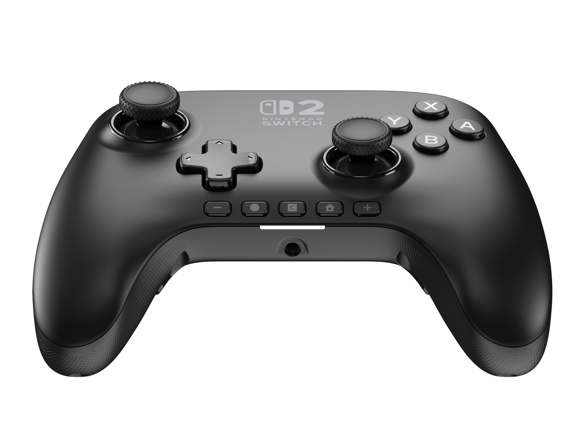 Siyah bir Nintendo Switch kontrolcüsü. Düğmeleri, joystickleri ve bir D-pad'i var. Switch logosu ortada.