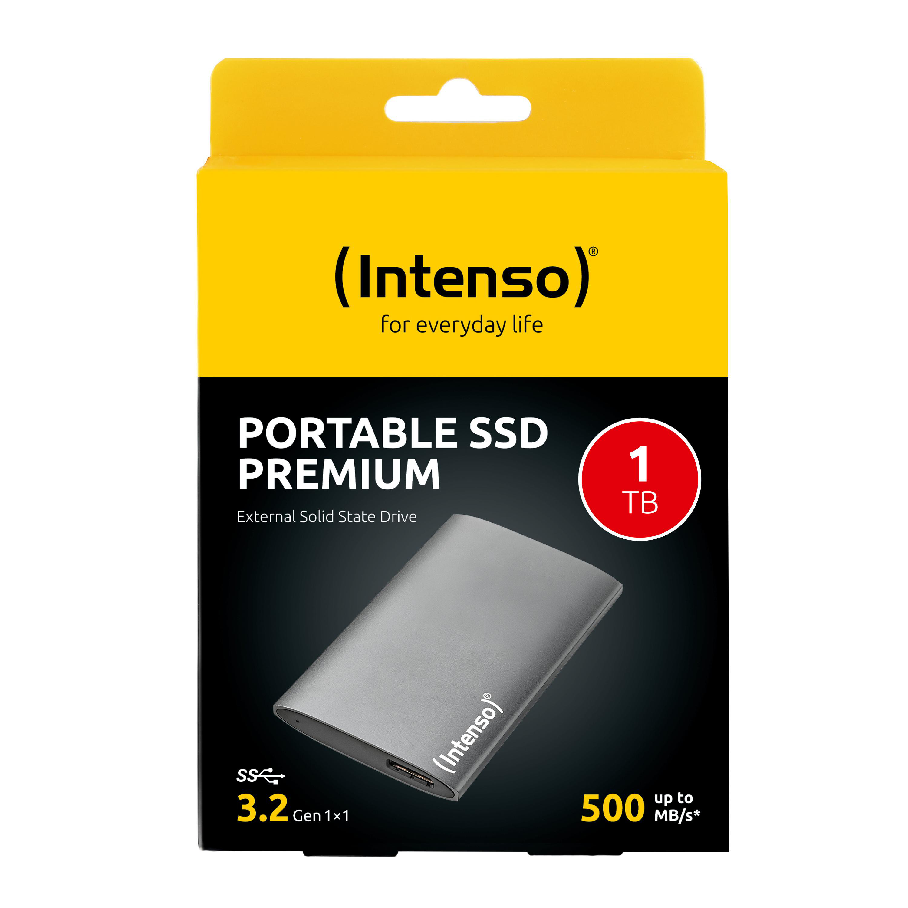 Box mit SSD. Gelber Deckel, schwarzer Boden, silbernes Laufwerk, weißer Text: Intenso Portable SSD Premium 1 TB, 500 MB/s.