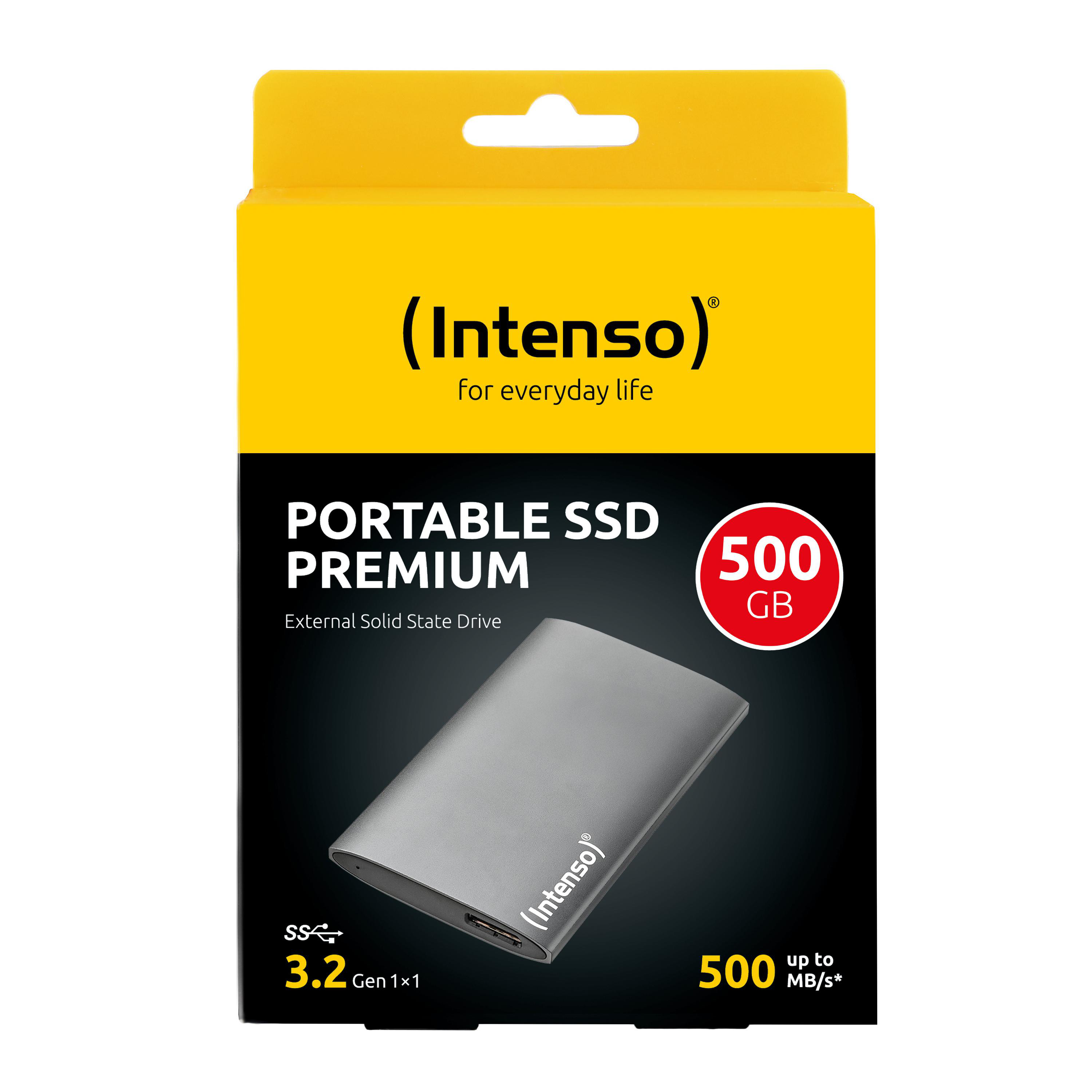 Verpackte Intenso Portable SSD. Schwarz, Gelb und Silber. Die SSD hat 500 GB. Produktdetails und Markenlogo sichtbar.