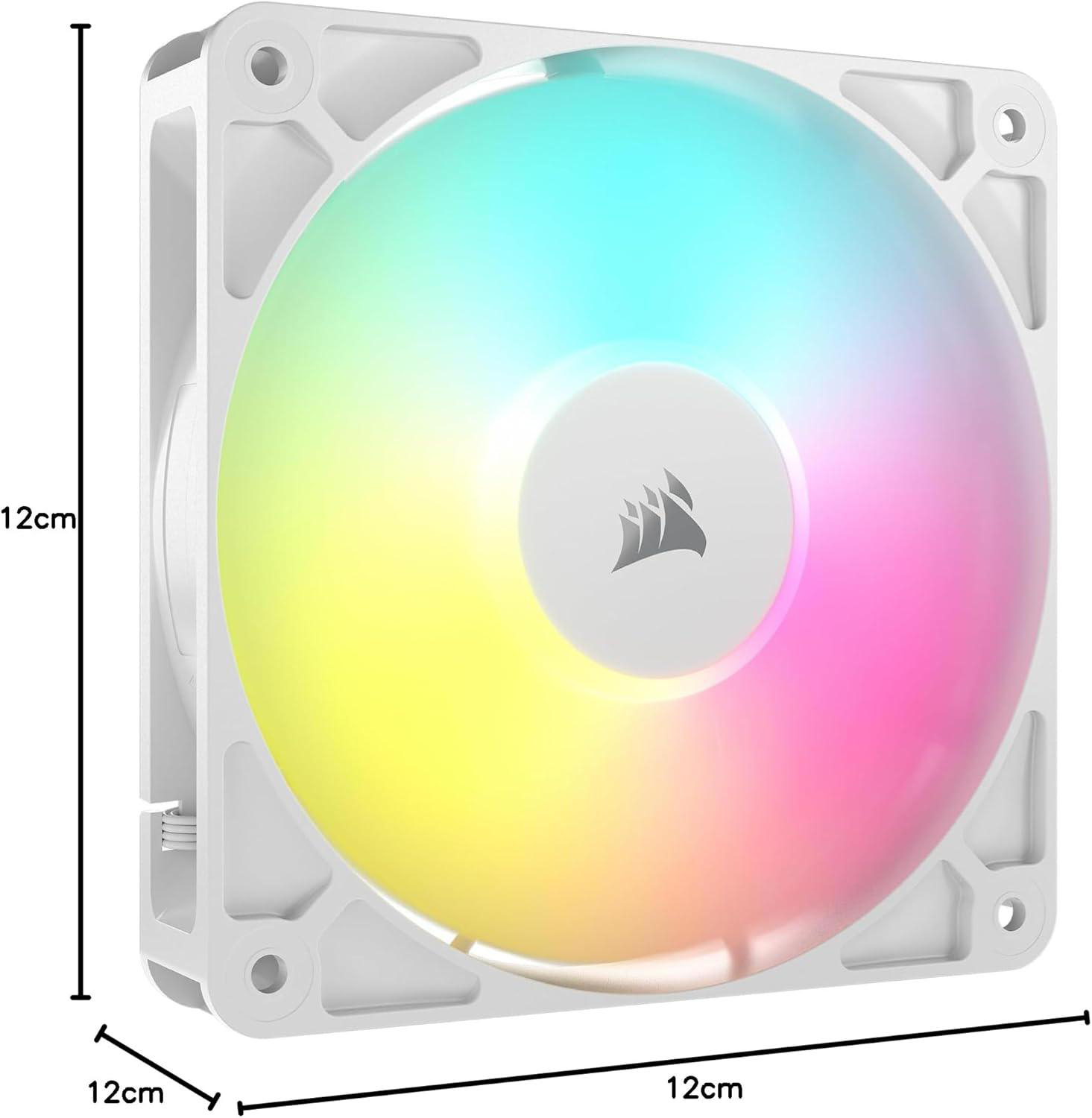 Ein weißer Computerlüfter mit einem kreisförmigen Regenbogenlicht in der Mitte. Auf dem Bild sind Maße von 12 cm markiert.