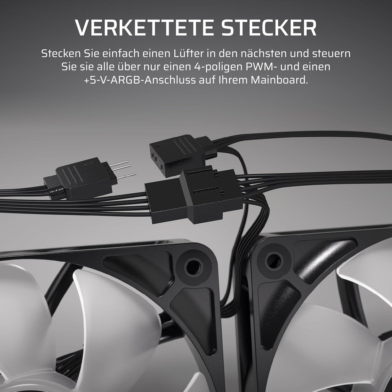 Schwarze Anschlüsse und Kabel, die mit weißen Lüfterblättern verbunden sind. Der Hintergrund ist ein grauer Farbverlauf.
