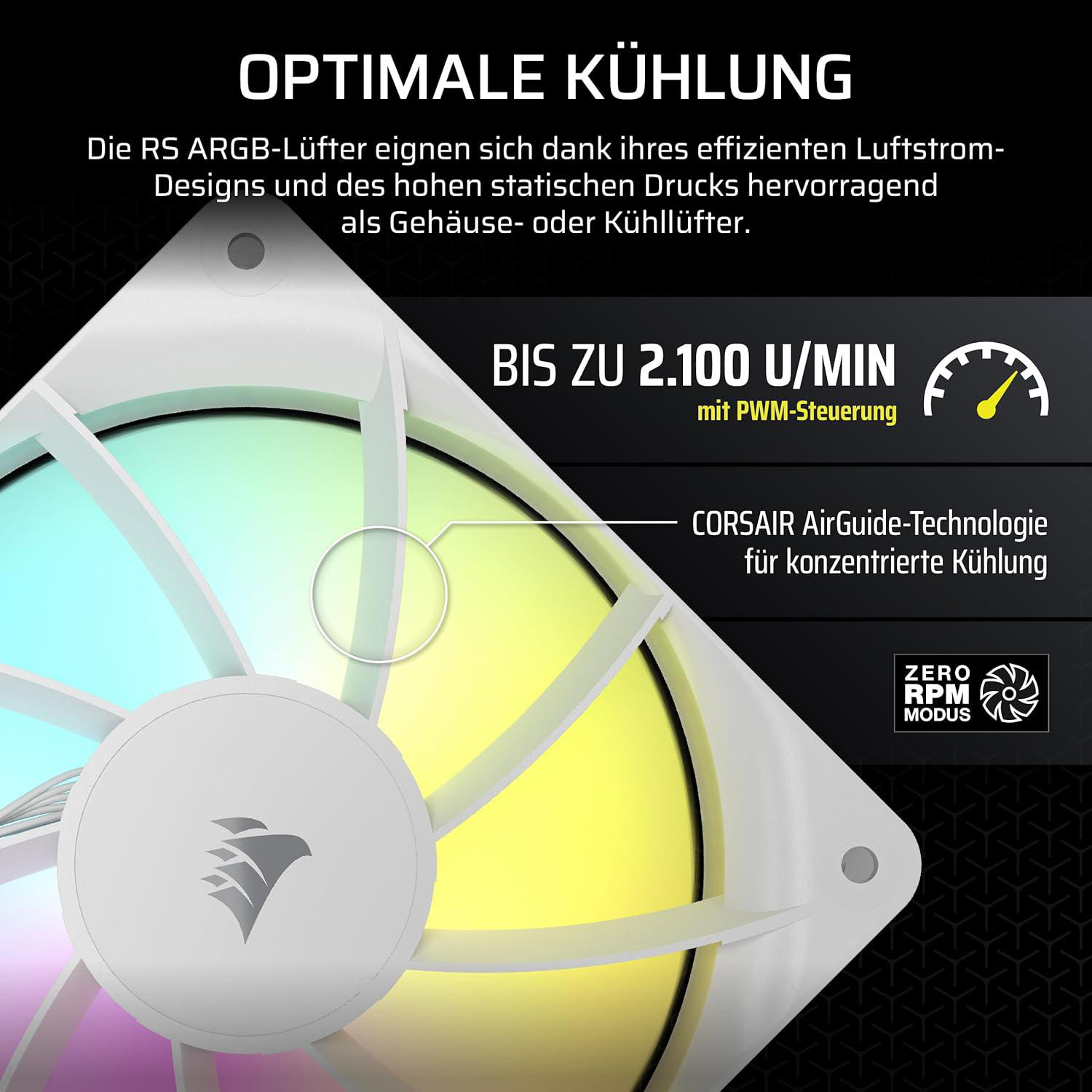 Ein weißer PC-Lüfter mit Corsair-Logo, Text über optimale Kühlung, einem Drehzahlmesser und RGB-Beleuchtung.