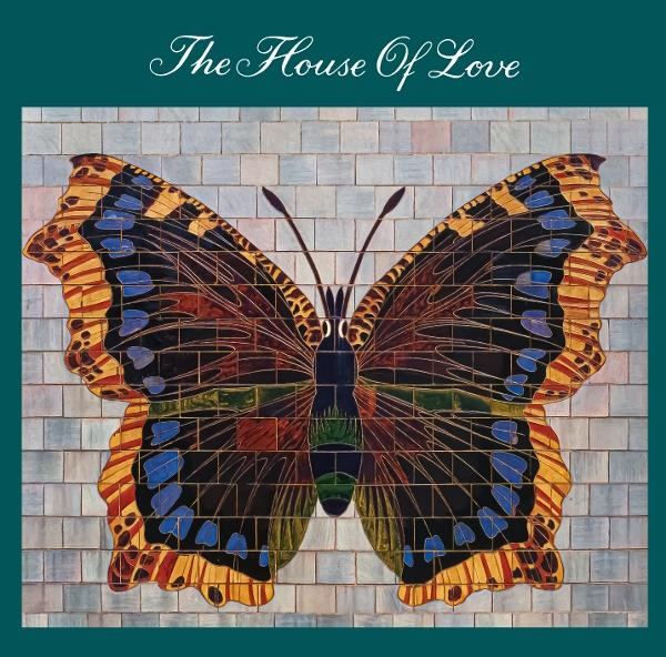 Ein Mosaik-Schmetterling mit orangefarbenen, blauen und braunen Flügeln auf einem ziegelartigen Hintergrund mit Text.