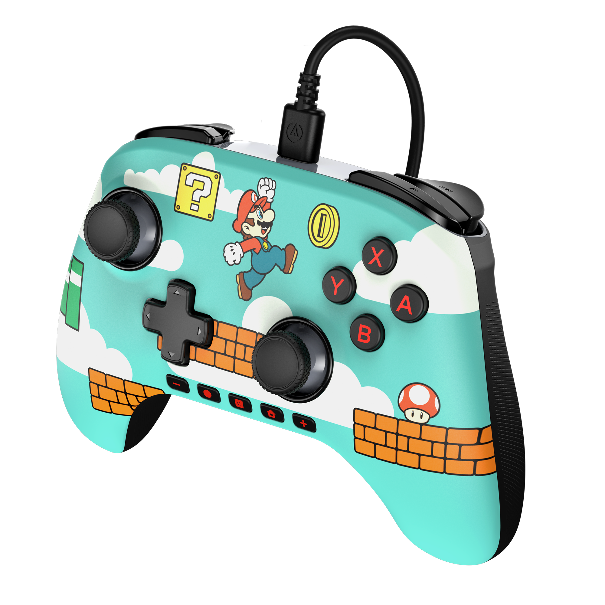 Mario grafiklerine sahip turkuaz bir Nintendo Switch kontrolcüsü. Düğmeler, joystickler ve şarj kablosu içerir.