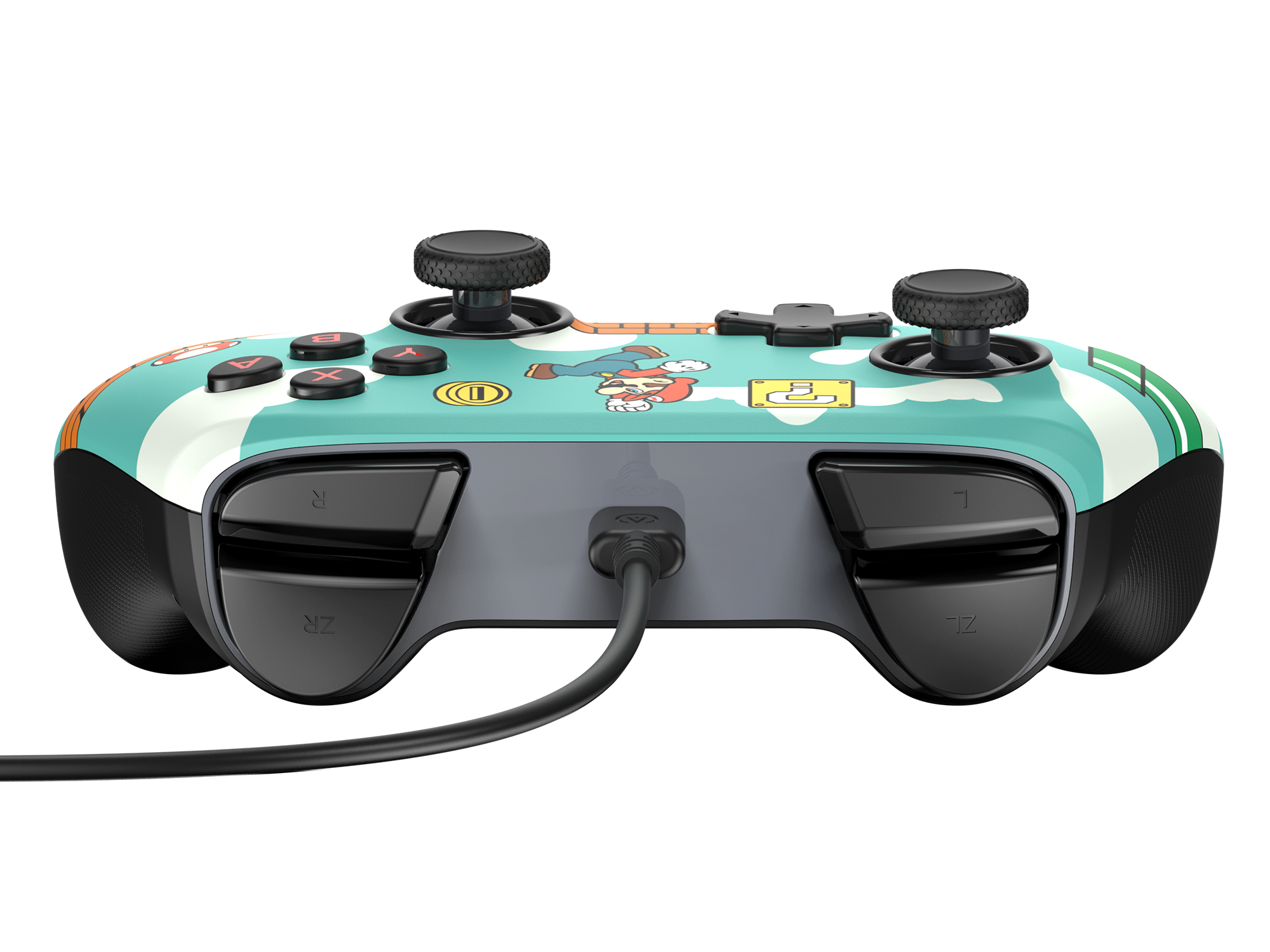 Mario temalı bir Nintendo Switch kontrolcüsü. Siyah joystick'lere, düğmelere ve bir kabloya sahip. Kontrolcü turkuaz ve beyaz bir tasarıma sahip.