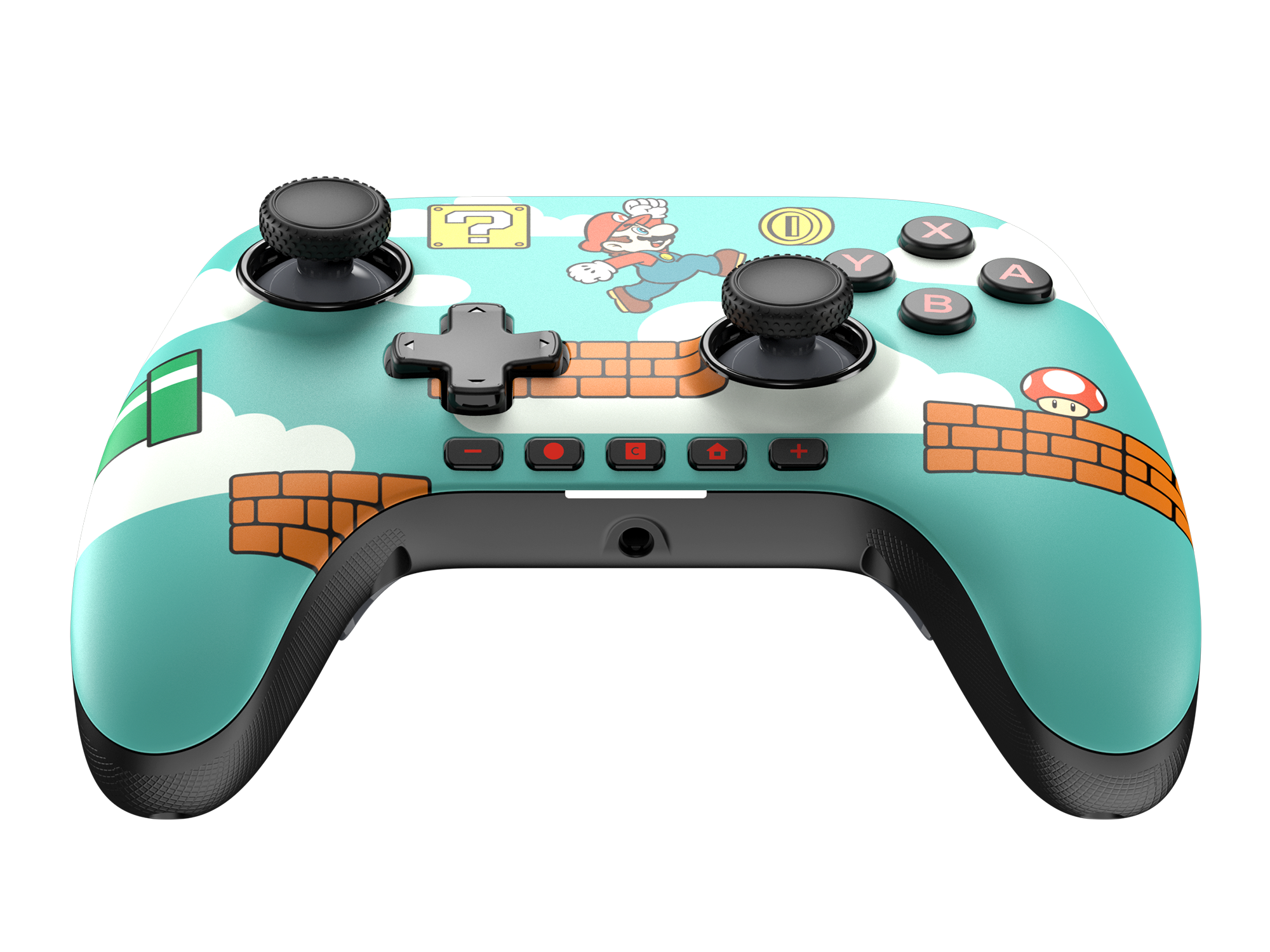 Mario temalı bir Nintendo Switch kontrolcüsü. Siyah joystick'leri, düğmeleri ve Mario karakterleri ve tuğla duvarlarla bir arka planı var.