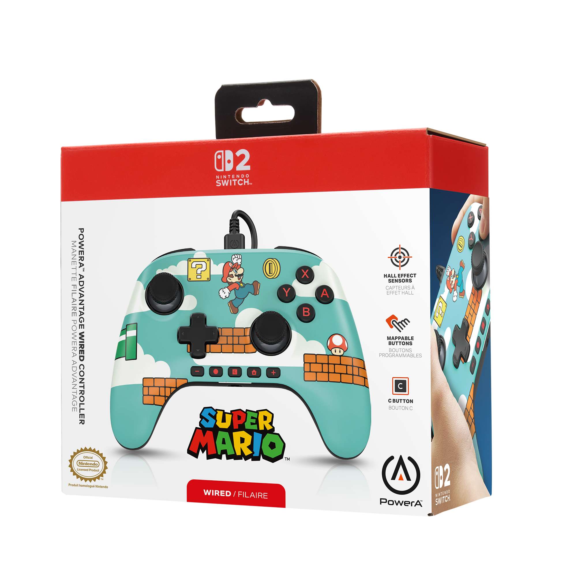 Super Mario tasarımlı bir Nintendo Switch kontrol kutusu. Kontrolör mavi bir arka plana ve Mario karakterlerine sahiptir.