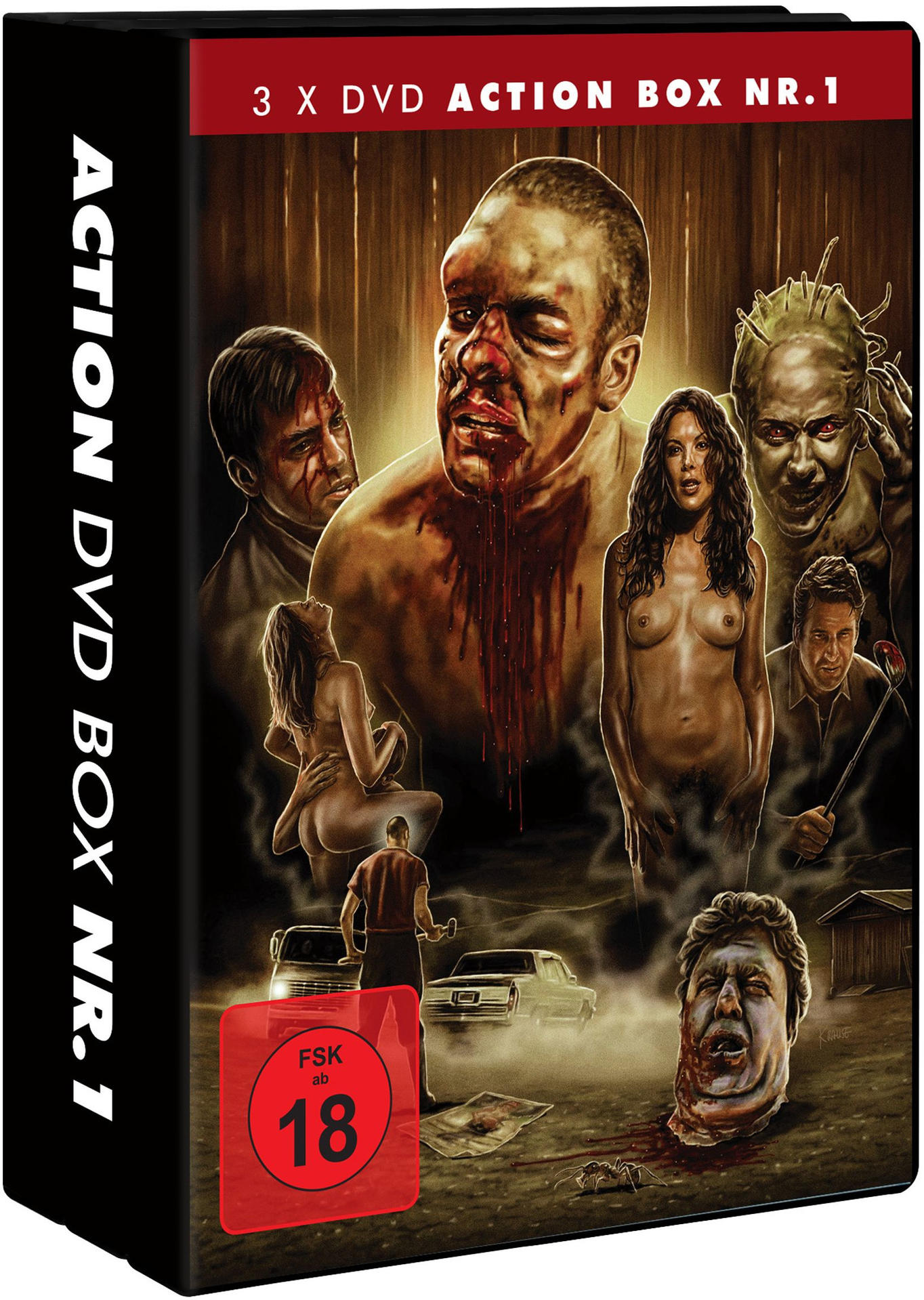 DVD-Box-Cover zeigt blutüberströmte Männer, eine nackte Frau und einen abgetrennten Kopf. Titel: Action DVD Box Nr. 1. Bewertung: 18.