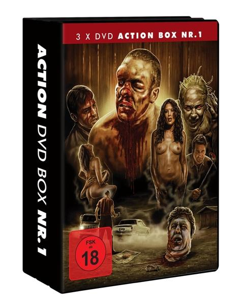 DVD-Box-Set mit gruseligen Bildern. Enthält einen Mann mit Blut, Frauen, Zombies, Autos und einen enthaupteten Kopf.