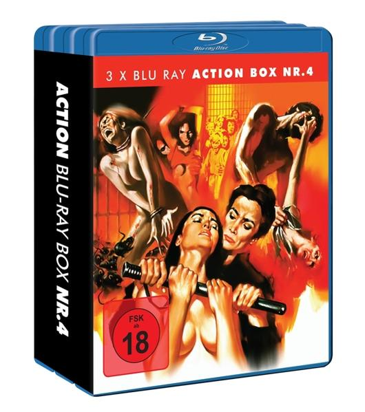 Blu-ray-Box-Set mit gewalttätigen Filmszenen. Frauen sind gefesselt, und eine rote FSK 18-Kennzeichnung ist sichtbar.