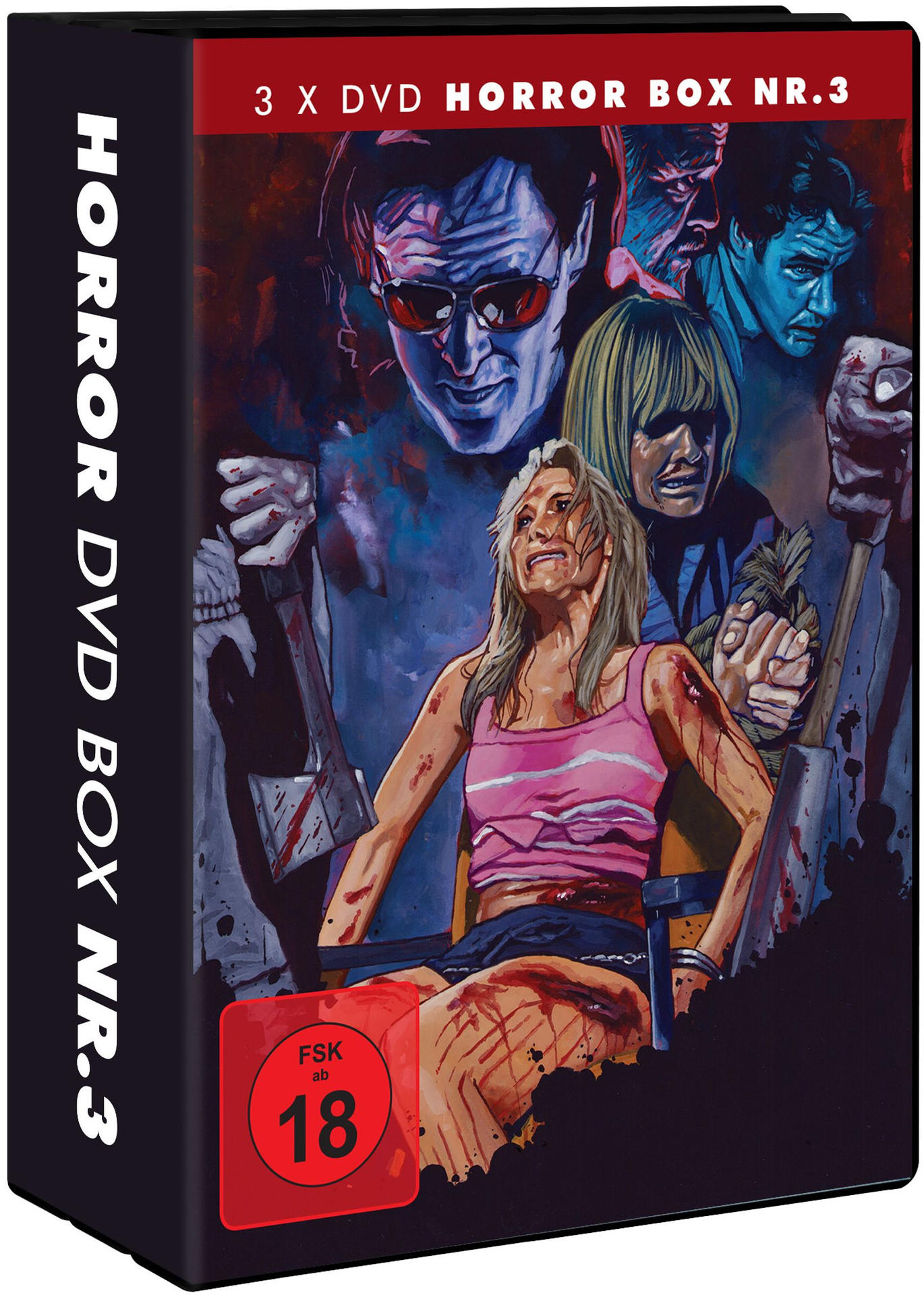 Horror-DVD-Box-Art. Eine gefesselte, blutüberströmte Frau mit bedrohlichen Gestalten, die über ihr thronen. Axt und Totenkopf sind sichtbar.