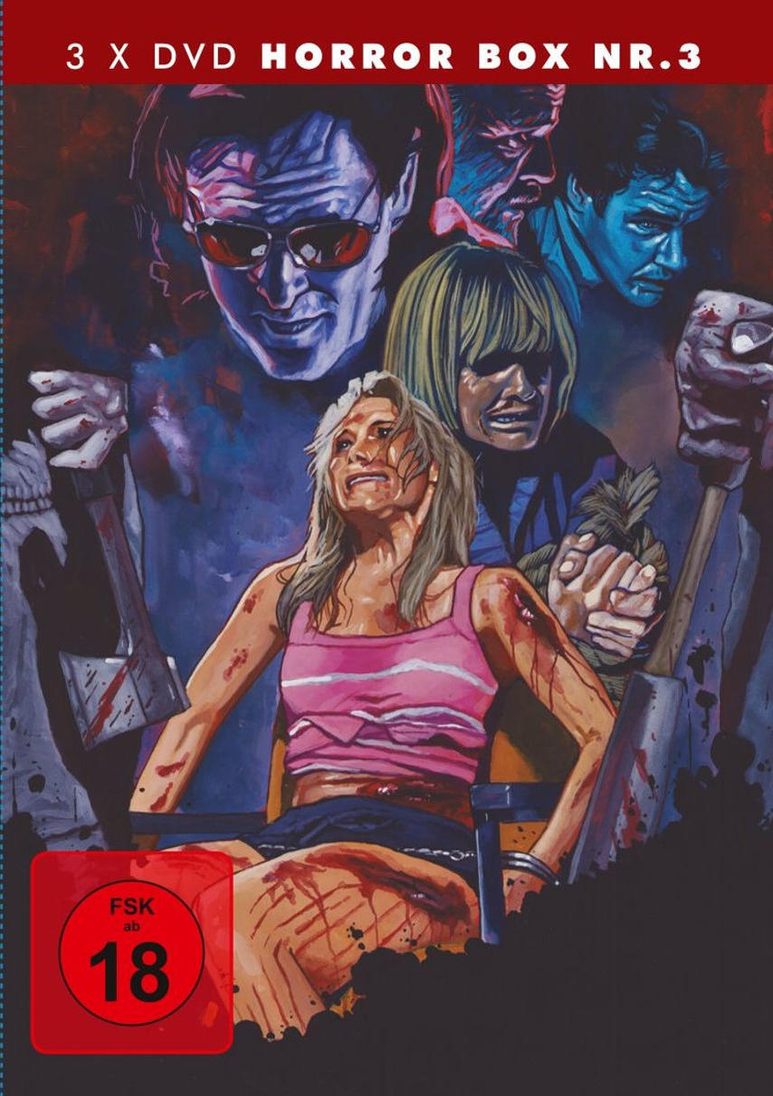 Horrorfilm-Cover. Eine Frau in einem rosa Oberteil wird terrorisiert. Mehrere bedrohliche Gesichter mit Äxten und einem Seil.