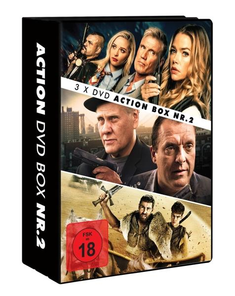 DVD-Box-Set mit dem Titel "Action DVD Box Nr. 2" mit Bildern von Schauspielern. Enthält einen FSK-18-Aufkleber.