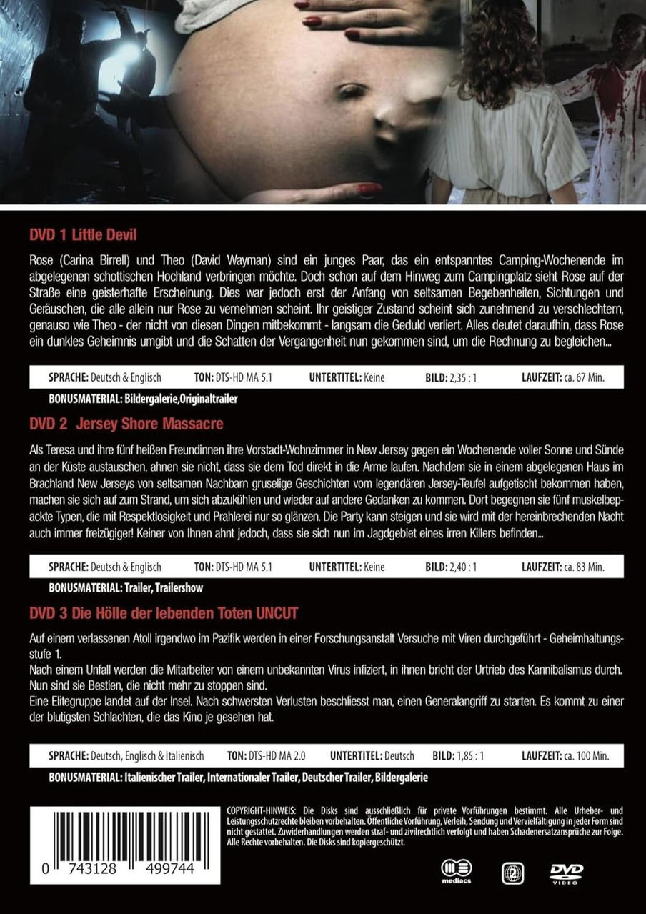 Eine Film-DVD-Hülle mit einem schwangeren Bauch und Text, der Filmtitel, Details und Credits auflistet.