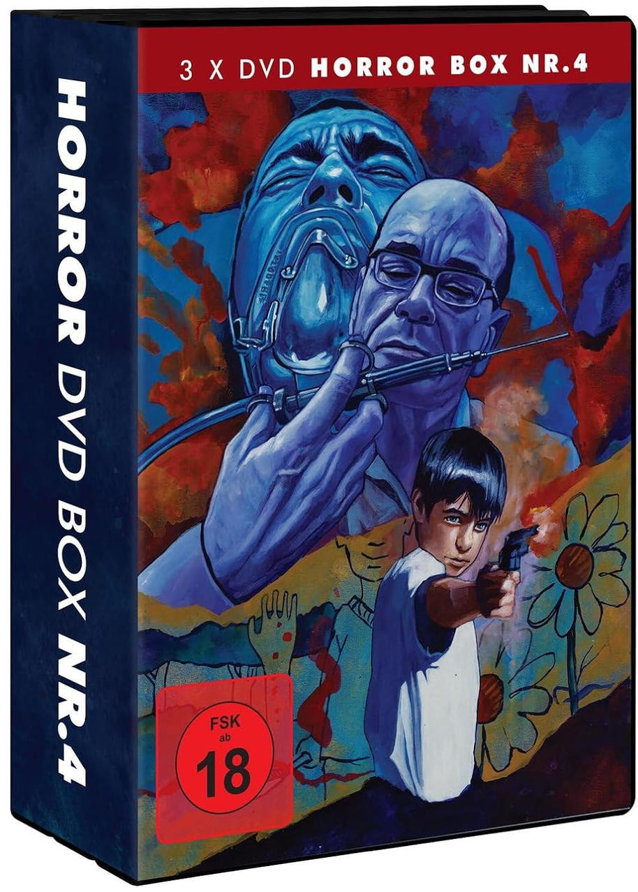 Horror-DVD-Box-Cover. Ein Mann injiziert einen anderen, ein Junge zielt mit einer Waffe, mit einem roten FSK-18-Aufkleber.