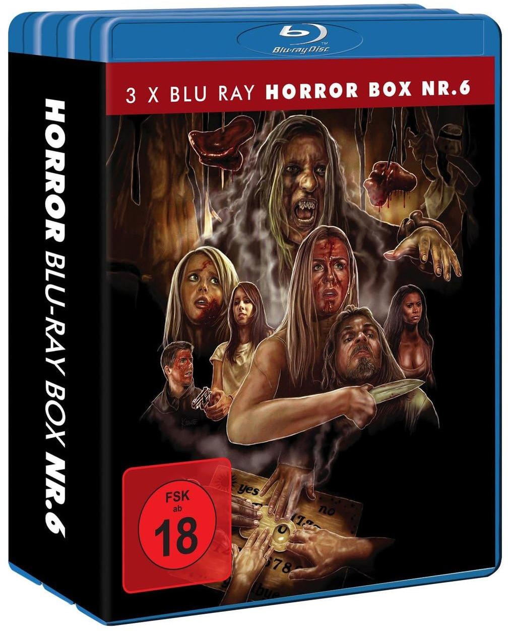 Blu-ray-Box-Art mit Horrorthema. Enthält mehrere verängstigte Gesichter, einen Mann mit einem Messer und ein Ouija-Brett. Die Box sagt 3 X Blu Ray Horror Box NR.6.