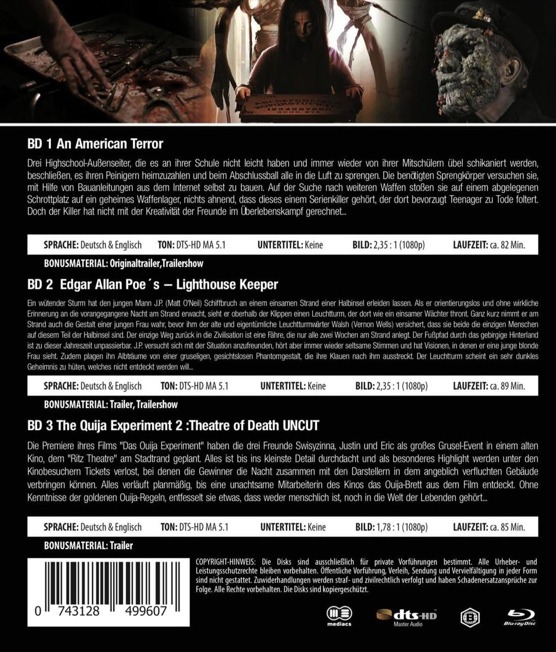 Filmcover mit Text. Titel sind 'An American Terror', 'Lighthouse Keeper' und 'Theatre of Death'.