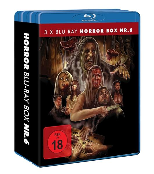 Eine Blu-ray-Box mit der Aufschrift 'HORROR BLU-RAY BOX NR.6' mit einem Horrorfilm-Cover. Es zeigt mehrere Horrorfiguren und die Zahl 18.