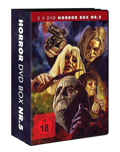 Horror-DVD-Box. Das Cover zeigt mehrere Figuren, die eine Pistole, ein Messer und eine Spritze halten. Enthält einen FSK-18-Aufkleber.