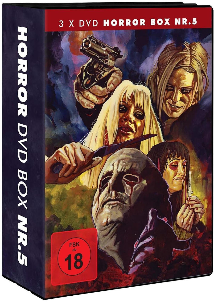 DVD-Box-Cover mit Horrorthema. Zeigt Figuren mit Waffen und einem maskierten Gesicht. Blut und Gewalt sind sichtbar. FSK 18-Aufkleber.