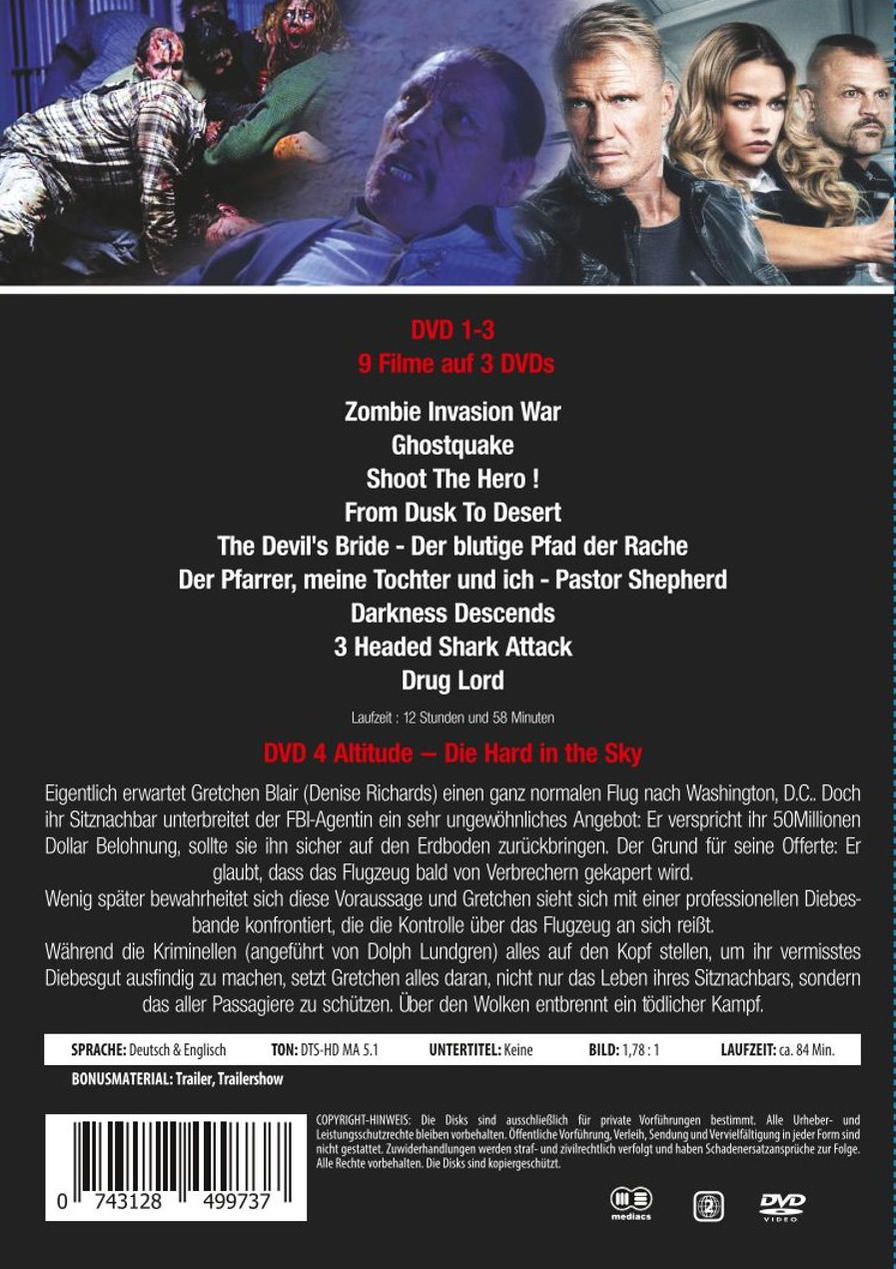 DVD-Cover mit Filmtiteln, Schauspielern und einem Zombie-Bild. Titel in Englisch und Deutsch. Hauptdarsteller: Dolph Lundgren und Denise Richards.
