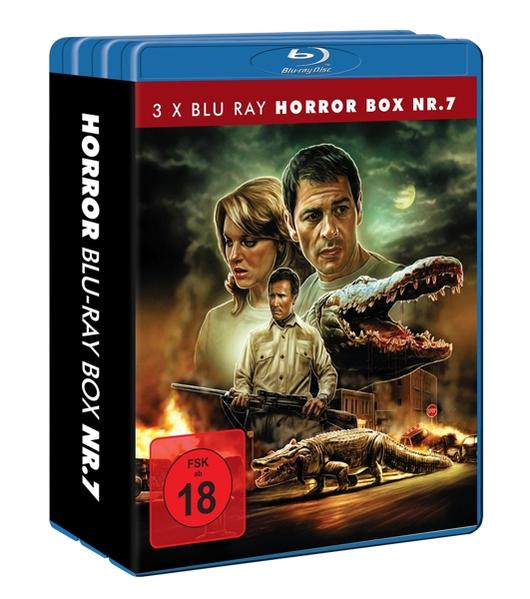 Blu-ray-Box-Set. Cover zeigt Menschen, Alligatoren und eine Waffe. Die Box ist mit 'Horror Box Nr. 7' gekennzeichnet und hat eine Bewertung von 18.