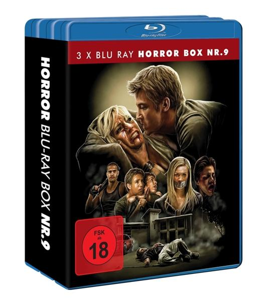 Blu-ray-Horror-Box-Set. Das Cover zeigt einen Mann und eine Frau in Not, mit anderen Charakteren im Hintergrund. Bewertung 18.
