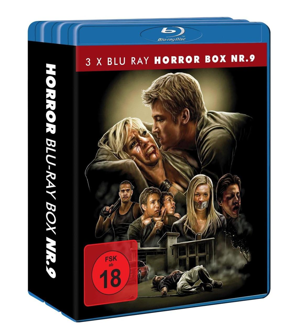 Blu-ray-Box-Cover. Eine Frau wird angegriffen, andere sehen verängstigt aus. Auf der Box steht 'Horror' und ein rotes 18-Zeichen.