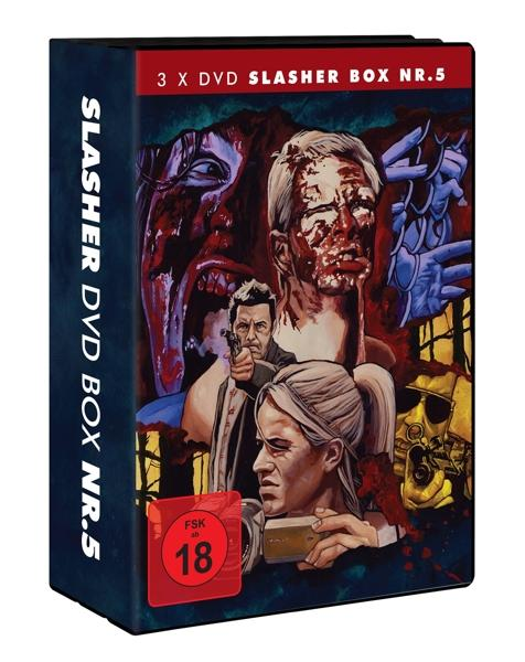 DVD-Box-Set-Cover. Zeigt blutige Gesichter, einen Mann mit einer Waffe und eine Frau, die ein goldenes Objekt hält. Der Umschlag ist dunkelblau.