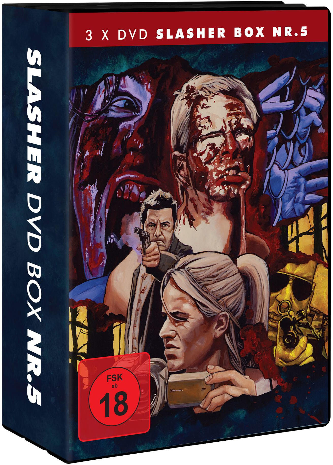 DVD-Box-Cover: blutige Gesichter, ein Mann mit einer Waffe, eine Frau und ein Totenkopf mit Brille. Text: Slasher DVD Box NR.5, 3 x DVD Slasher Box NR.5.