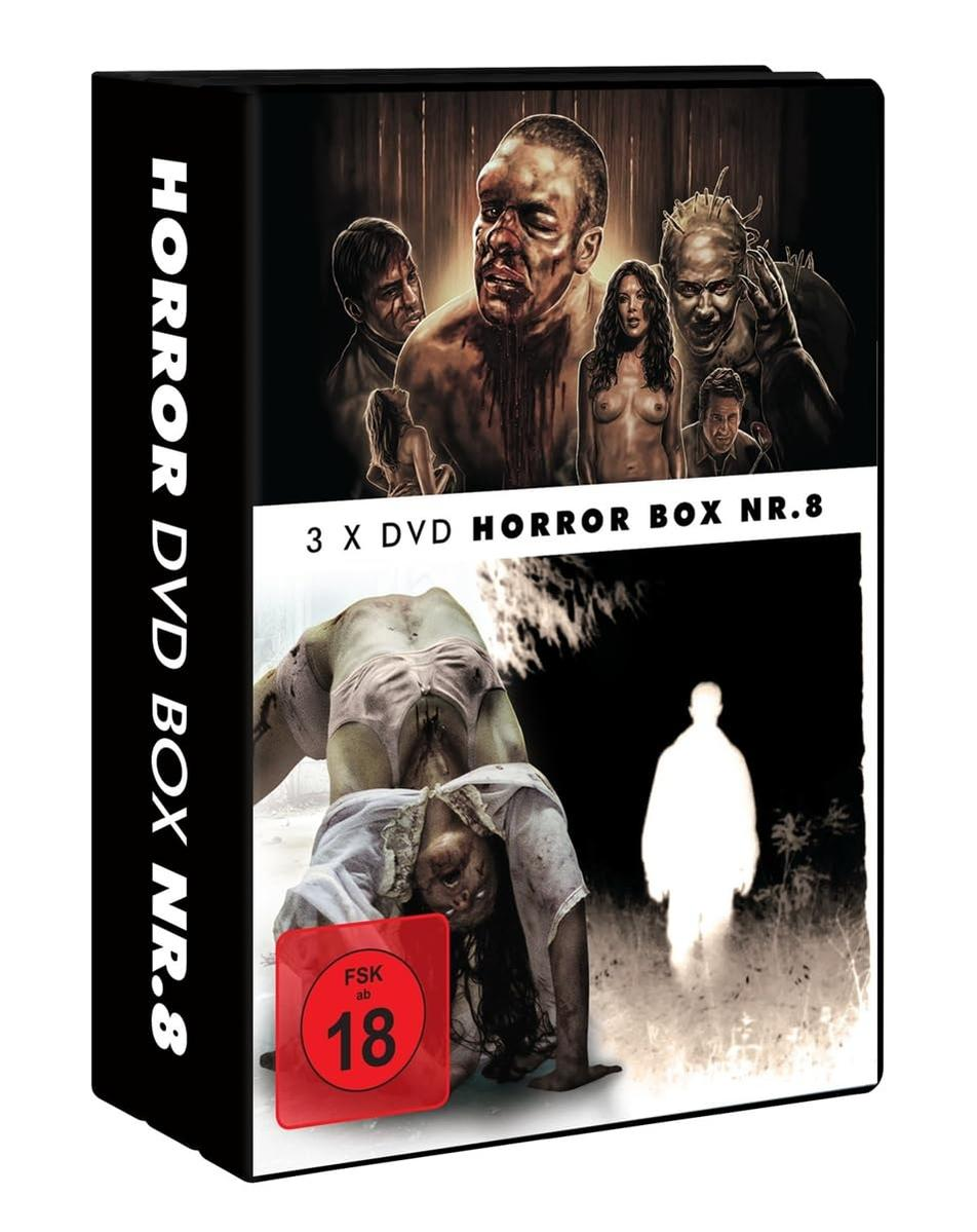 Horror-DVD-Box. Das Cover zeigt eine verdrehte Frau, eine rote 18er-Bewertung und Bilder gruseliger Charaktere.