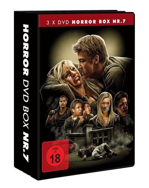 DVD-Box-Set mit dem Titel "Horror Box Nr. 7" mit einem Filmplakat, das eine Frau in Not zeigt, umgeben von anderen Personen. Roter "18"-Aufkleber.